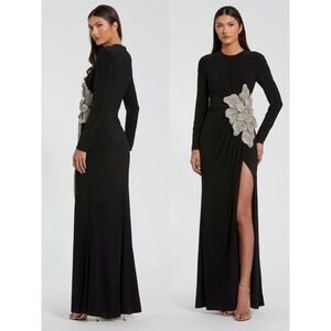 NWT Mac Duggal Black Jersey Long Sleeve Gown With Embellished Flower $698 Sz 12